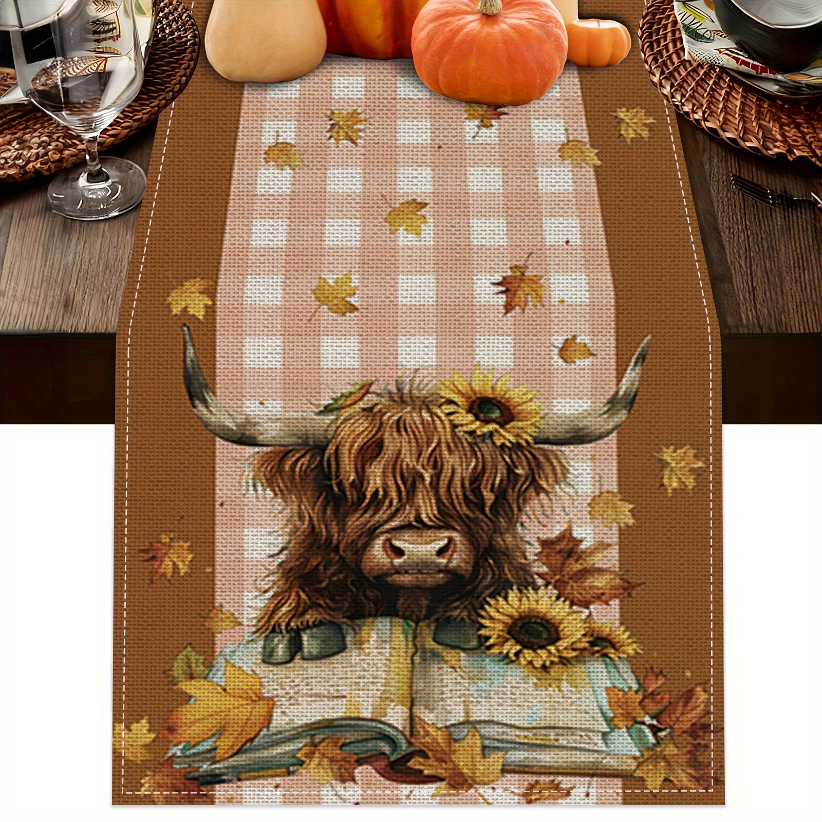 

Charming Farmhouse Autumn Table Runner: 13x72 Inch Polyester With Whimsical Cow, Checkered Pattern, And Sunflowers - Perfect For Farmhouse, Indoor, Kitchen, Anniversary, Table Decor, Home Décor