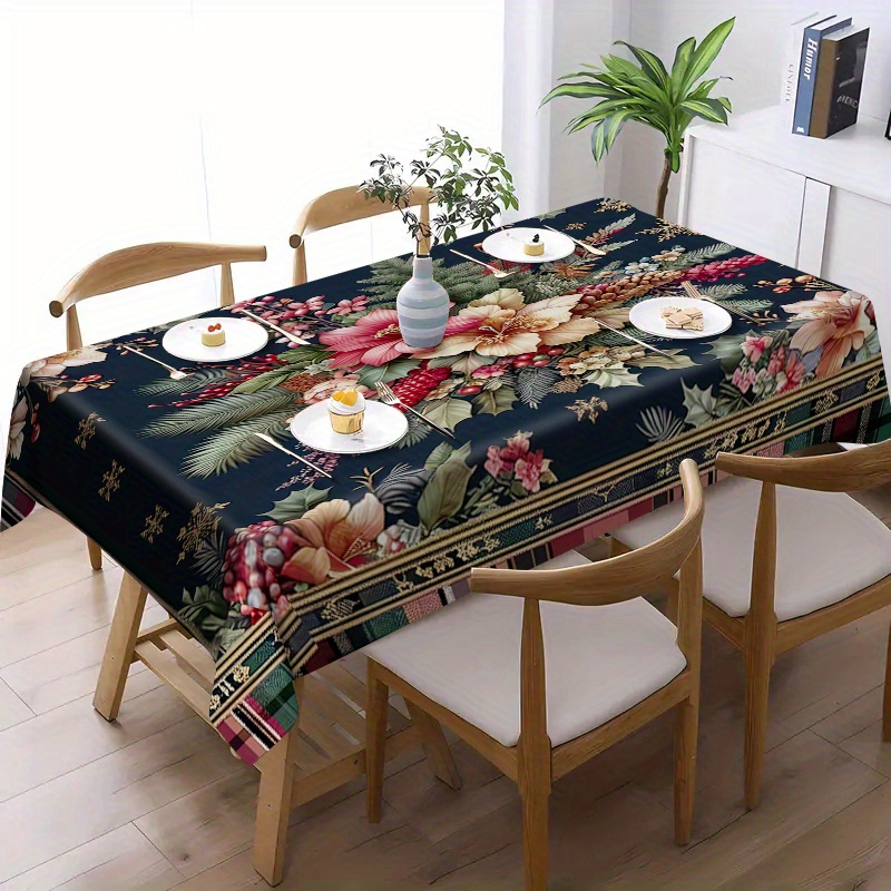 

Woven Polyester Tablecloth With Christmas Motif Print - Oil And Stain Resistant, Square Decorative Table Cover For Dining And Festivity, Machine Made Home And Restaurant Use