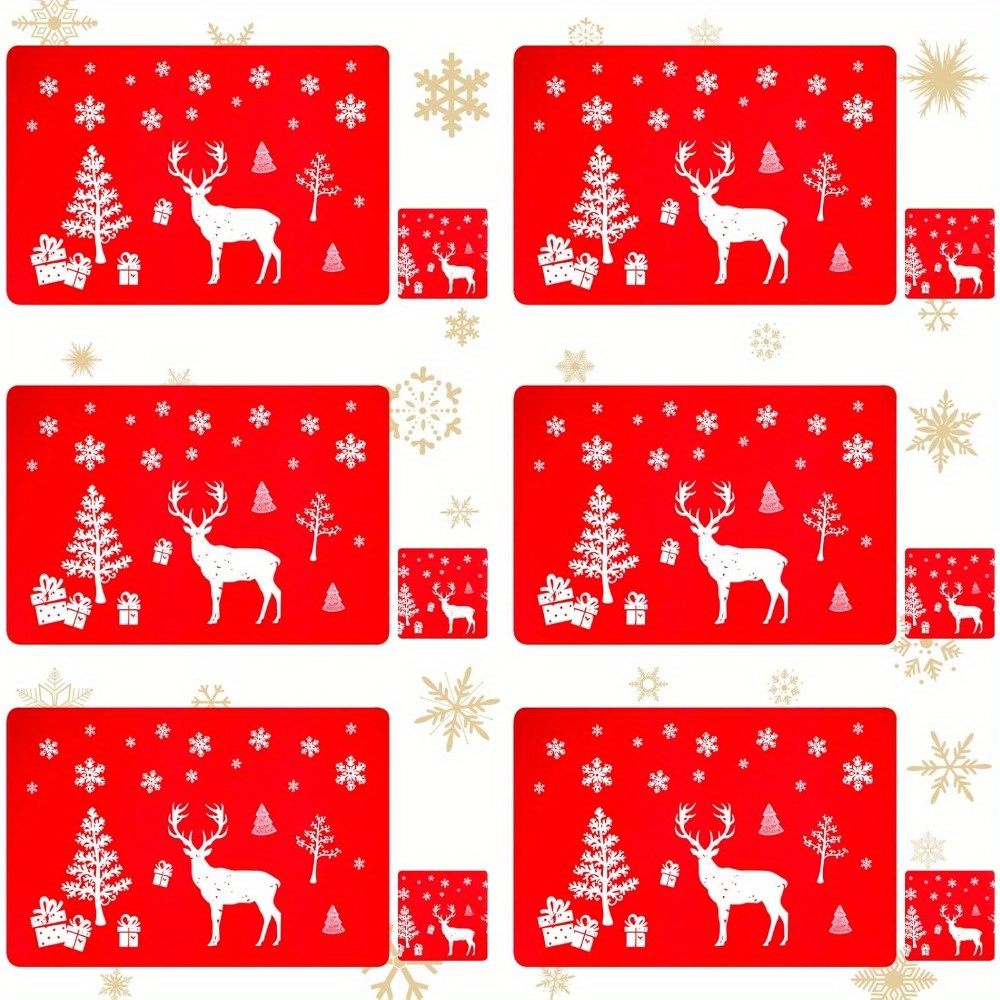 Image of 12pcs Christmas Table Decor Set - Reindeer, Elk & Snowflake Designs | Washable Pvc Placemats And Coasters | Heat-resistant & Non-slip For Holiday Dining