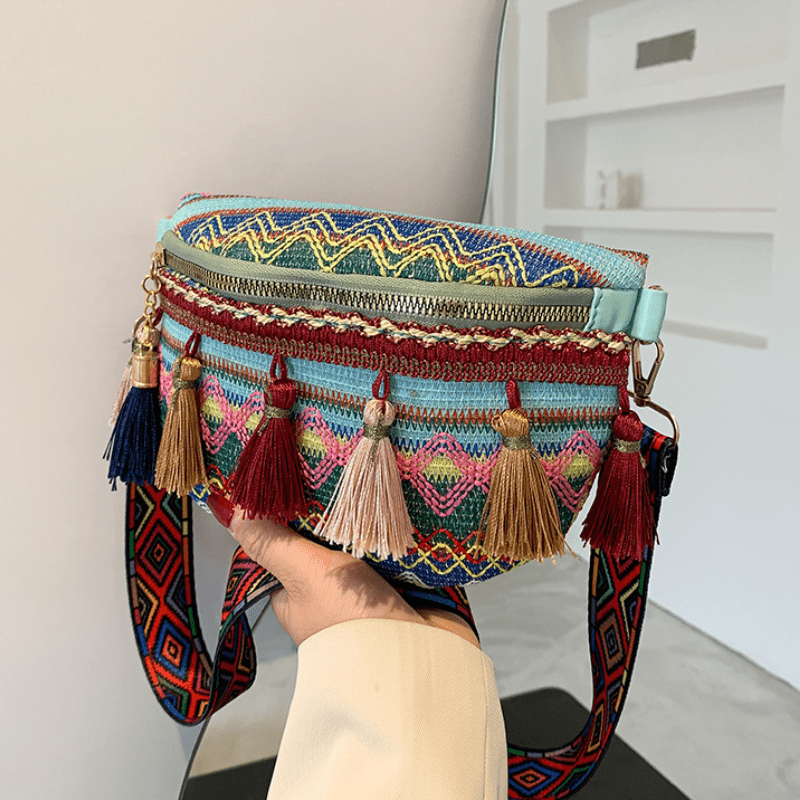 TEMU Women's Ethnic Woven Boho Chest Bag With Tassels - Geometric Pattern Canvas Fanny Pack, Crossbody Waist Pouch For Travel, Shopping & Use, Zipper Closure With Polyester Lining