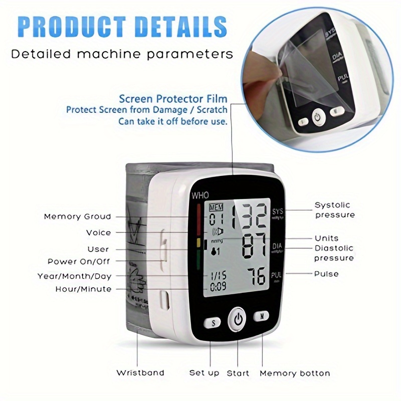     wrist blood pressure cuff monitor with usb charging automatic digital bp machine voice broadcast large display screen built in rechargeable lithium battery Product details 1