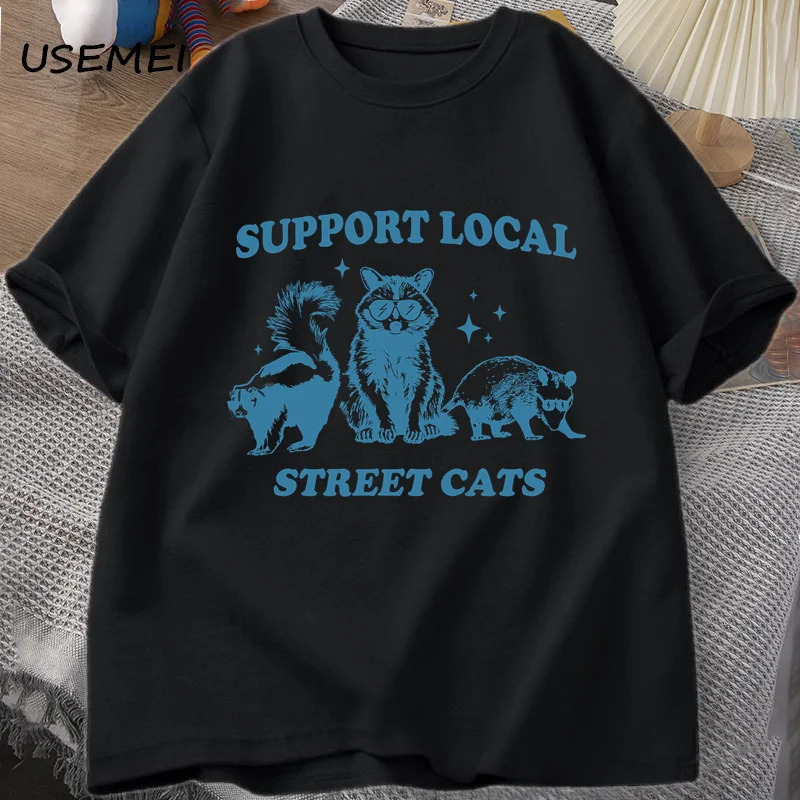 

Support Your Local Street Cats Retro T Shirt Funny Raccoon T-shirt Streetwear Graphic T Shirts Mens Clothing