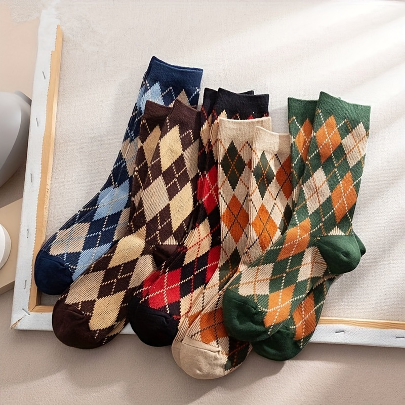 

5 Pairs Of College Style Retro Literary Mid-calf Socks Lattice Fashion Socks Autumn And Winter Women's Socks