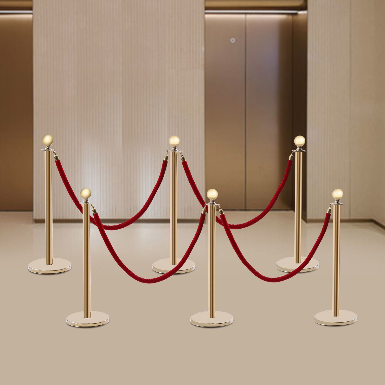 

6 Pcs Red Velvet Rope +gold Stanchion Post Set Crowd Control Queue Pole Barrier