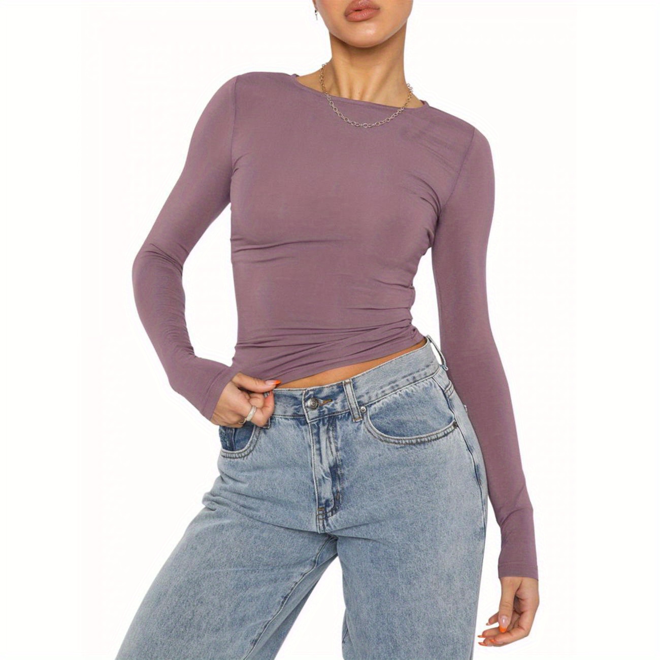 

Womenacute;s Autumn Slim Cropped Tops, Solid Color Round-neck Long Sleeve Show Navel T-shirt