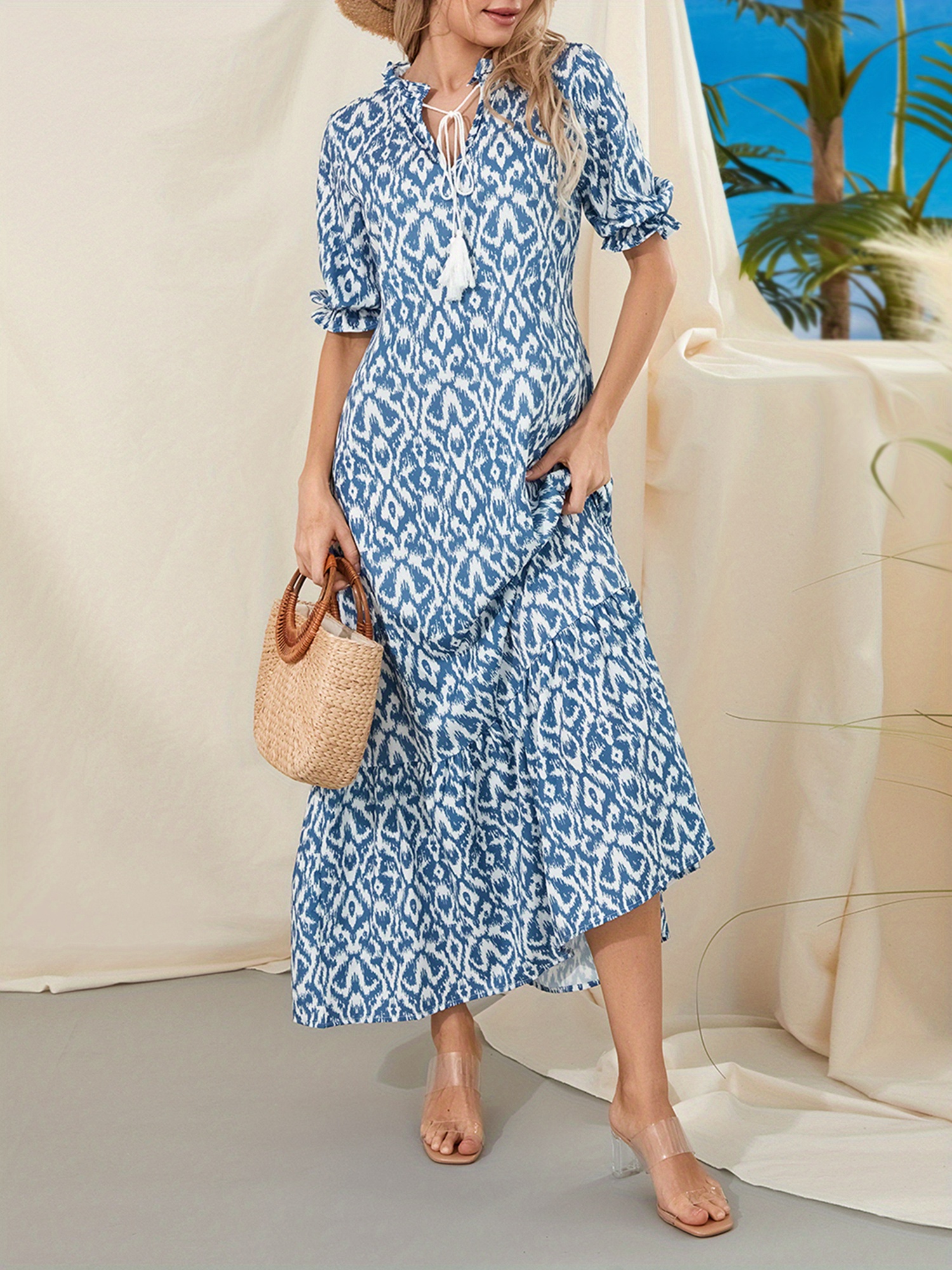 women summer long dress elegant short sleeve v neck flower - Temu