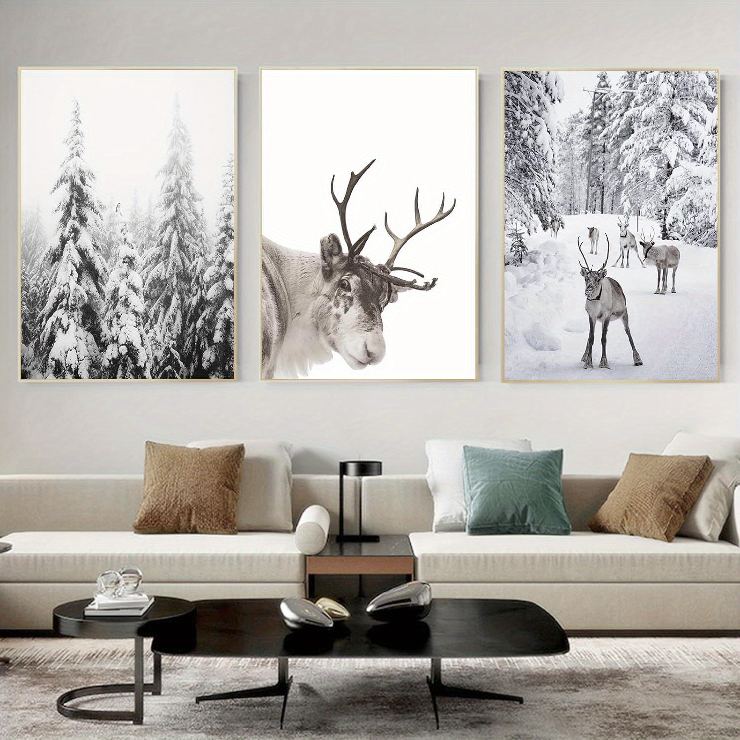 

Reindeer Prints Animal Winter Canvas Wall Art 3 Piece Christmas Snow Covered Trees Home Decor Artwork Print Room 16x24inchx3 Framed