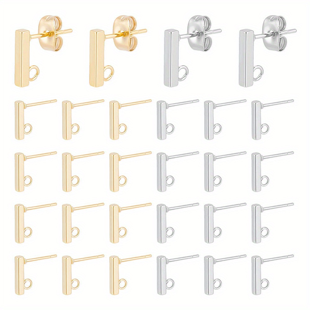 

1box 80pcs 304 Stainless Steel Stud Earring Findings, With Loop And Ear Nut, Rectangle, Golden & Stainless , 10x2x2mm, Hole: 1.5mm, Pin: 0.8mm