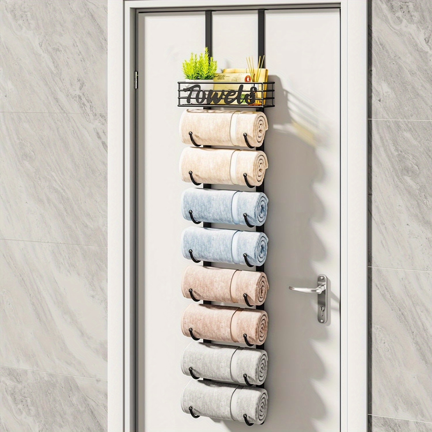 

9- Over The Towel Racks For Bathroom - Mounted Towel Metal - Rolled Towel Organizer Hanging Towel Storage -