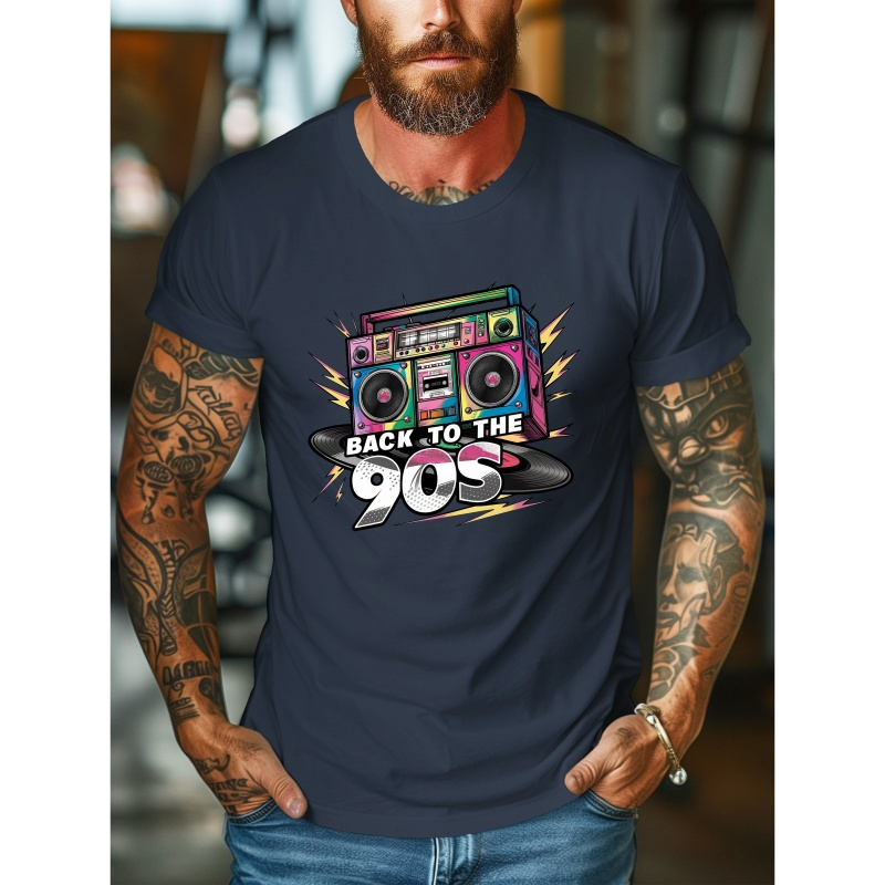 

Men's Polyester Crew Neck T-shirt With Retro 90s Boombox Graphic, Geometric Pattern, Casual Style With Slight Stretch, Knit Short Sleeve Tee For Summer