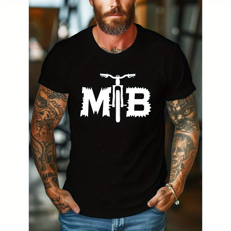 

Mtb Mountain Bike Typography Print T-shirt For Men - 100% Polyester Casual Crew Neck Tee With Geometric Pattern, Slight Stretch Knit Fabric, Regular Fit Summer Top