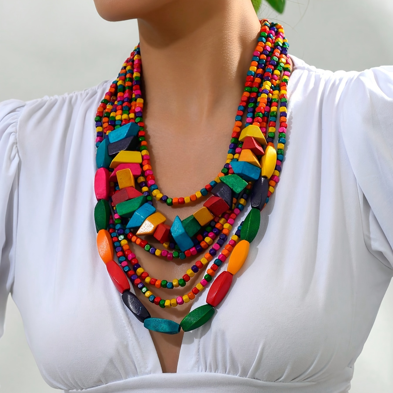 

Antique Bohemian Colorful Wooden Layered Necklace, Exaggerated Vivid Fashion Elegant Casual Party Style Women's Jewelry