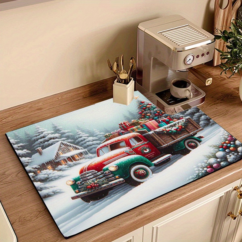 

Christmas Themed Dish Drying Mat 1pc - 100% Polyester Absorbent Kitchen Counter Mat For Coffee Machine, Washer Dust Cover - With