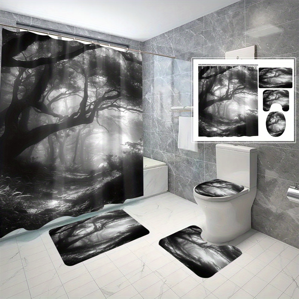 

[open] 1pc/3pcs/4pcs And Quiet Polyester Waterproof Shower Curtain Without Punching Bathroom