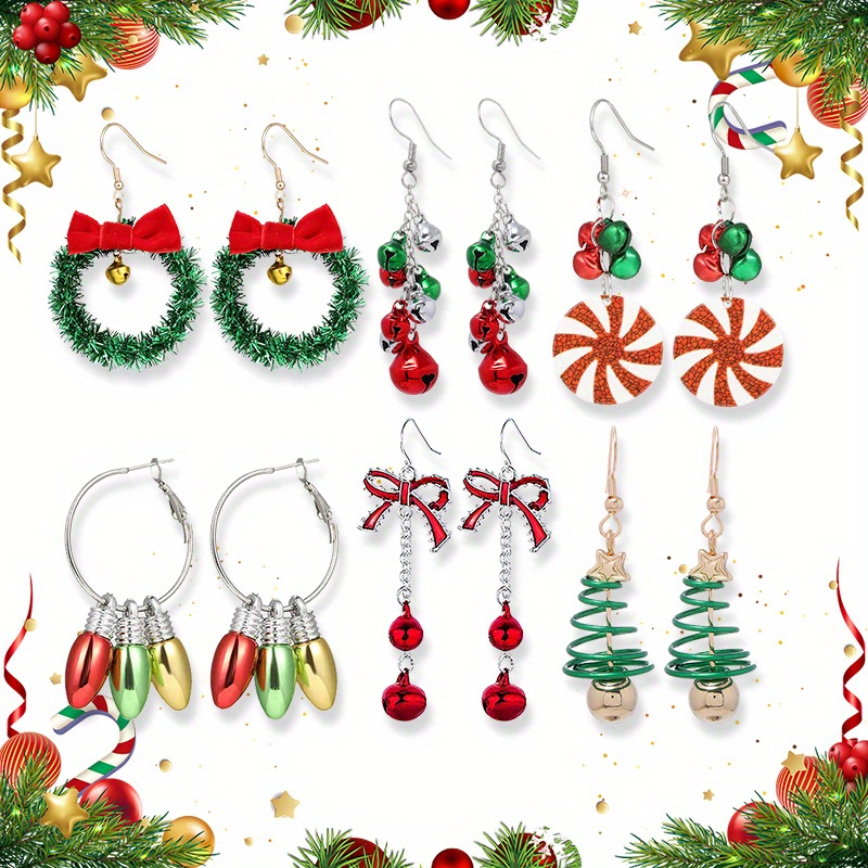 

6 Christmas & Red Bow, Alloy Christmas Tree & , Jewelry Set, Zinc Alloy, , 316l Steel Ear Wires, For & , All-