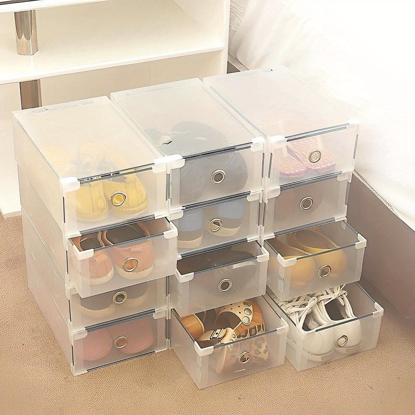 E-shop 10X Schuhboxen Kunststoff Schubladen Aufbewahrungseinheit Faltbarer Schuh-Organizer Behälter Schuhaufbewahrungsboxen Stapelbar für Damen- oder