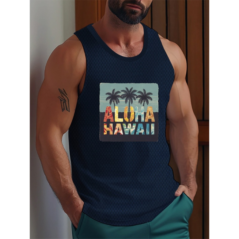 

Aloha Hawaii Printed Men's Breathable Sleeveless Tank Top, Meticulously Crafted Street Fashion For Leisure & Sports Activities, Men's Best Summer Choice