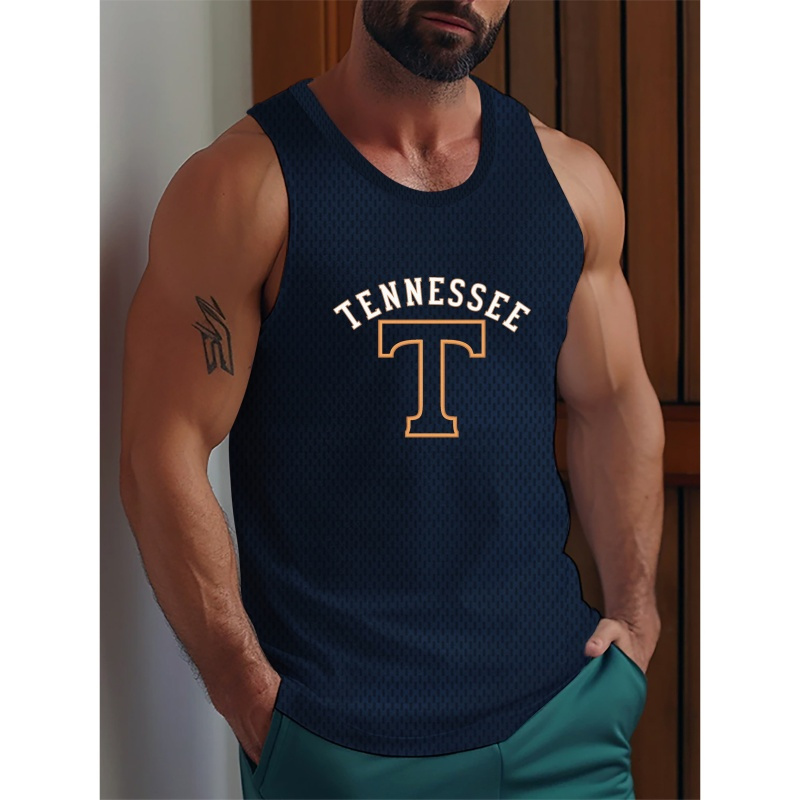 

Typography Tennessee Printed Men's Chic Breathable Sleeveless Tank Top, Meticulously Crafted Street Fashion For Leisure & Sports Activities, Men's Best Summer Choice