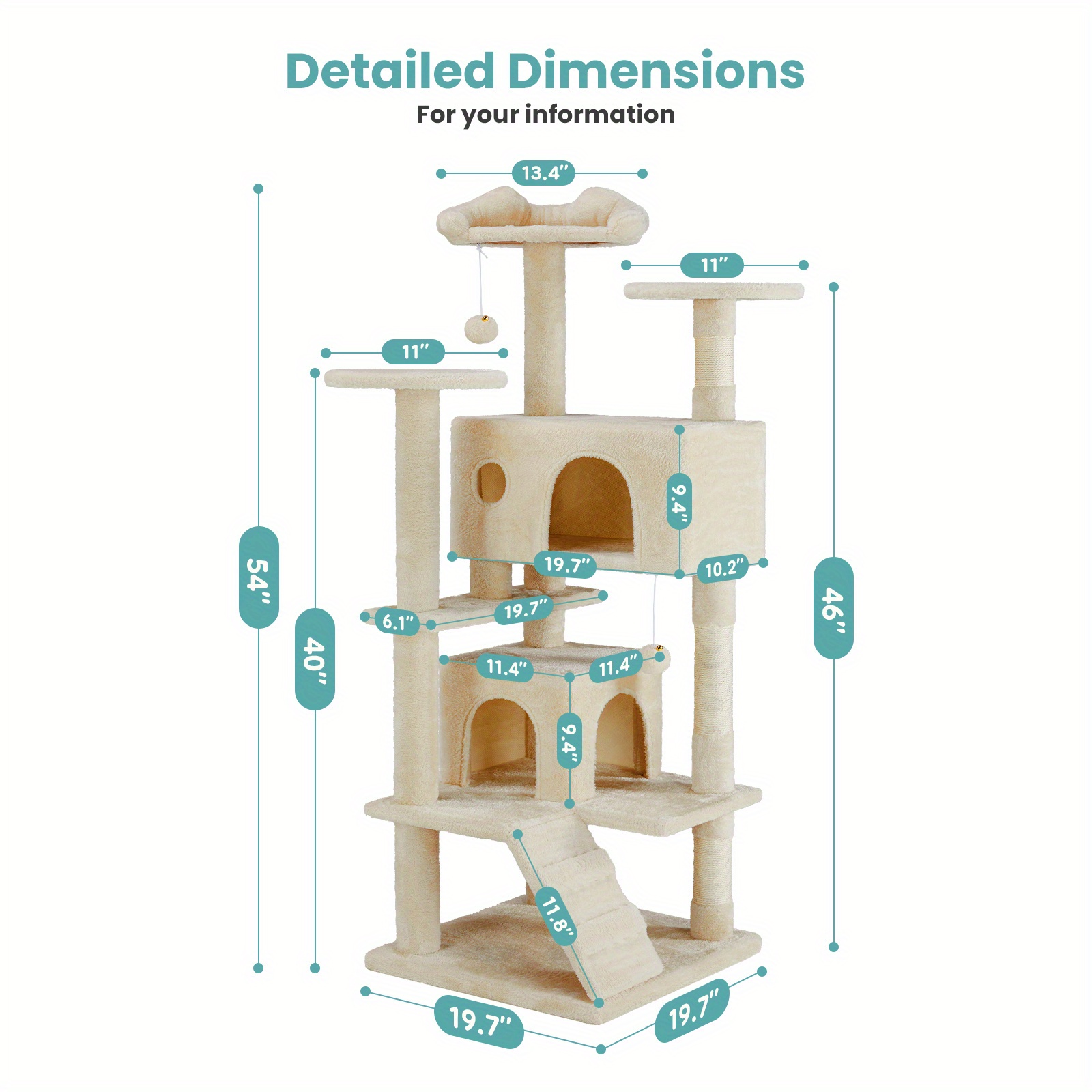 

54in Cat Tree, Indoor Cats Tall Multi-level Tower, House With Large Condo, Natural Sisal Scratching Post, Climbing Ladder, Dangling Toy For Kitty, Kitten, Wall Mount, Beige, Dark Grey