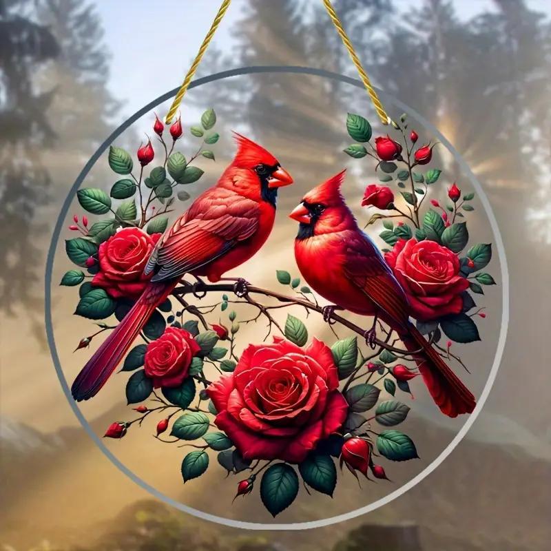 

Red Bird Suncatcher Window Decor, Bird Stained Acrylic Window Hanging, Acrylic Sign, Circle Wreath Ornament, Festive Gift - Animal Themed Home, Wall, Porch Decor, For Home & Garden