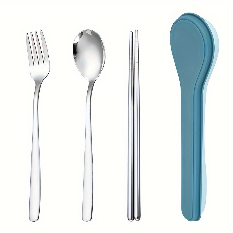 TEMU 4pcs Stainless Steel Cutlery Set - Durable, Polished, Reusable Flatware With Storage Case, Portable Fork And Spoon Set For - Compact,
