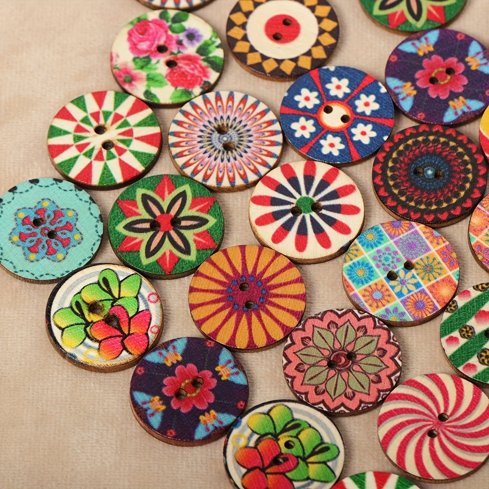 

50pcs Vintage Wooden Buttons With Painted Eyes, Assorted Colors - Ideal For Sewing & Craft Projects