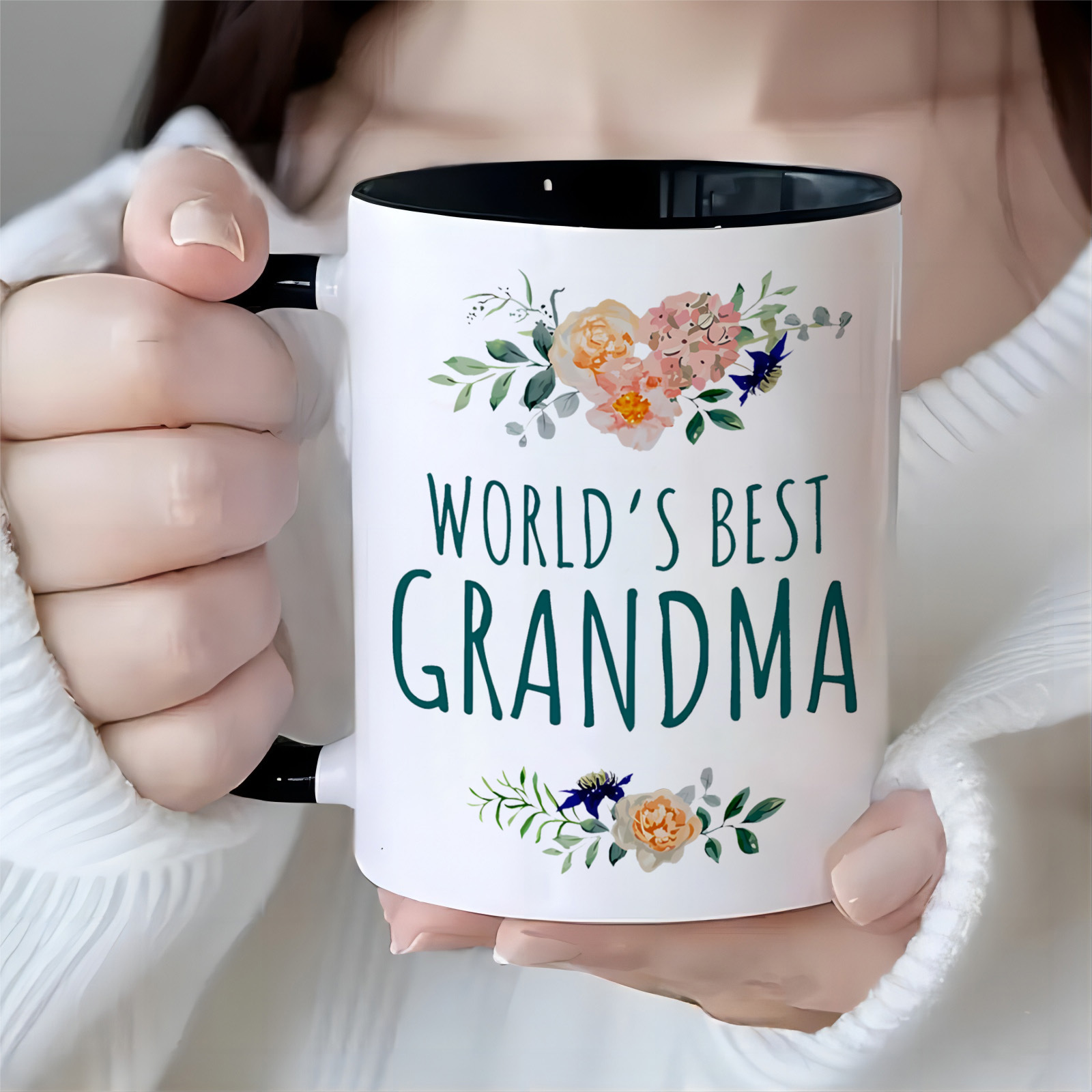 

1pc Grandma Floral Ceramic Mug - 11oz Insulated Coffee Cup With Black Handle & Rim, Dishwasher Safe, All , Ideal Birthday Gift, Coffee Bar Accessories