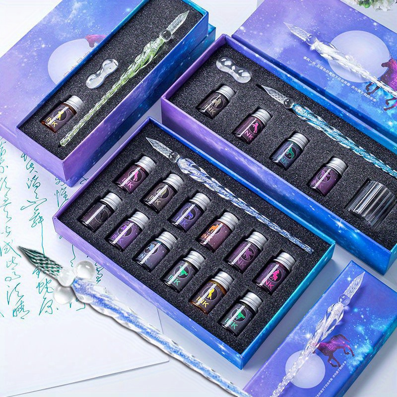 

Starry Night Glass Dip Pen Set - Crystal Ink Pens For Stationery Enthusiasts & School Use - Designs, Perfect Back To School Or Office Gift Kit