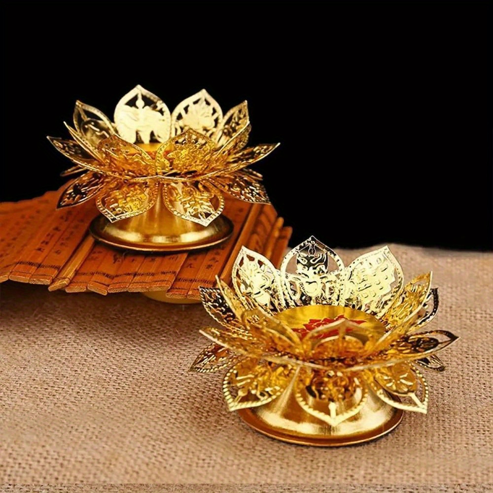 

Gold-tone Metal Lotus Candle Holder, Hollow Carved Zinc Alloy Incense Burner, Decorative Butter Lamp Stand For Home Decor And Celebrations