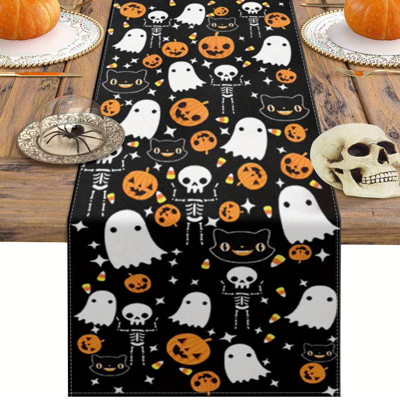 

Table Runner - Rectangular, Polyester Knit Fabric With , , Pumpkin, And Black Cat Patterns For Holiday Dining Decor, Washable Seasonal Table Centerpiece