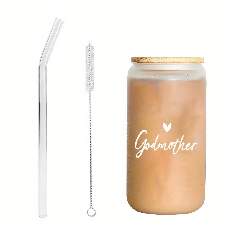 

Reusable 16oz Frosted Glass Cup With Lid And Straw For Coffee, Milk Tea, Soft Drinks - Hand Wash Only High Borosilicate Glass Jar - Ideal Gift For Godmother Or Mother's Day - 1pc