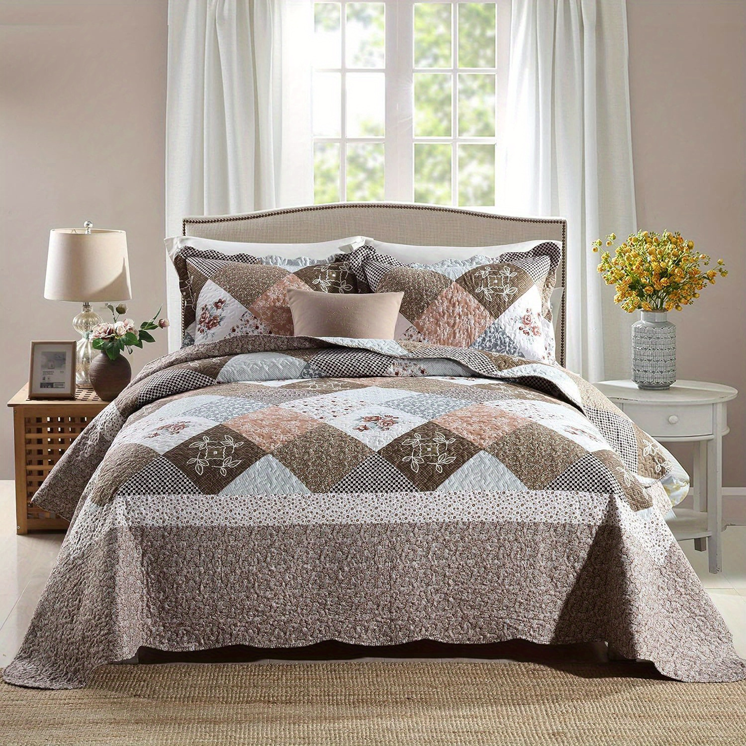 TEMU 3pcs Frame Gray Coffee Soft And Hand-made Fine Quilting, 3 Cotton Filling And Covering Breathable Fiber, High-quality And Cheap Gift Bed Quilt Three-piece Household