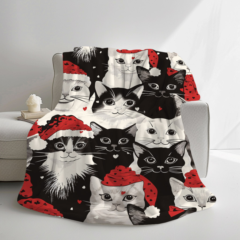 

Christmas Cats Print Soft Flannel Blanket - Contemporary Quilted Knitted Polyester Throw, Digital Printing, All-season Comfort For Home, Office, Travel, And Camping