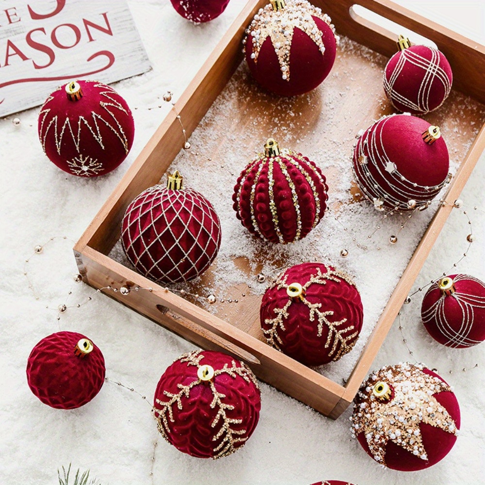 

Hand-painted Red Velvet Christmas Ornaments - Flocked Holiday Balls For Tree & Window Decor, Durable & Easy To Hang