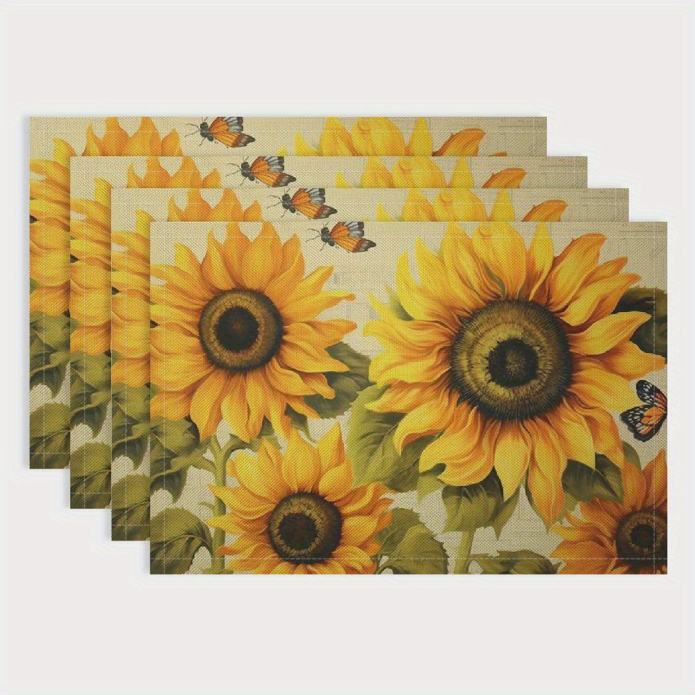 

4pcs Set Of Linen Dining Table Placemats With Sunflower & Bee Design - Heat-resistant, Non-slip Mats For Indoor/outdoor Use - Perfect For Holiday Banquets & Kitchen Table Decor