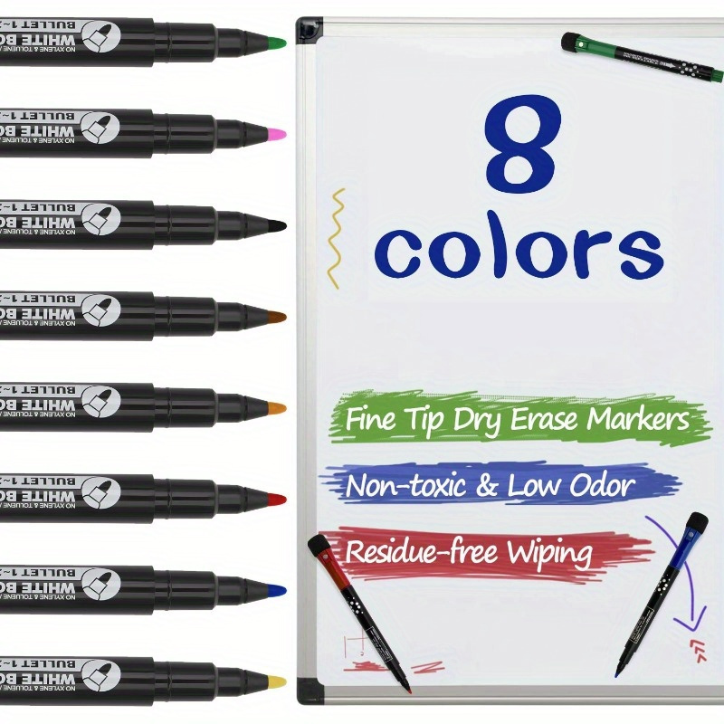 

8 Colors Fine Tip Dry Erase Markers - Non-toxic, Low Odor, Residue-free Wiping - Suitable For Whiteboards And Chalkboards - Office Supplies