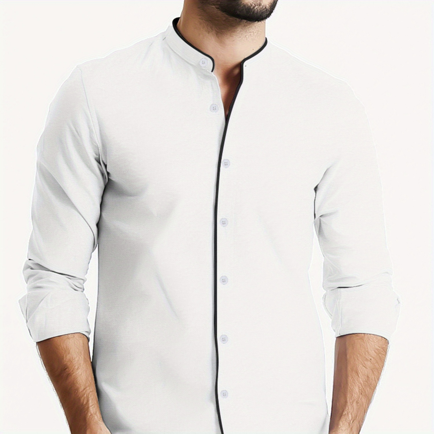 

Men's Wrinkle-free Banded Collar Button-down Shirt - Comfortable Long Sleeve Collar Dress Shirt