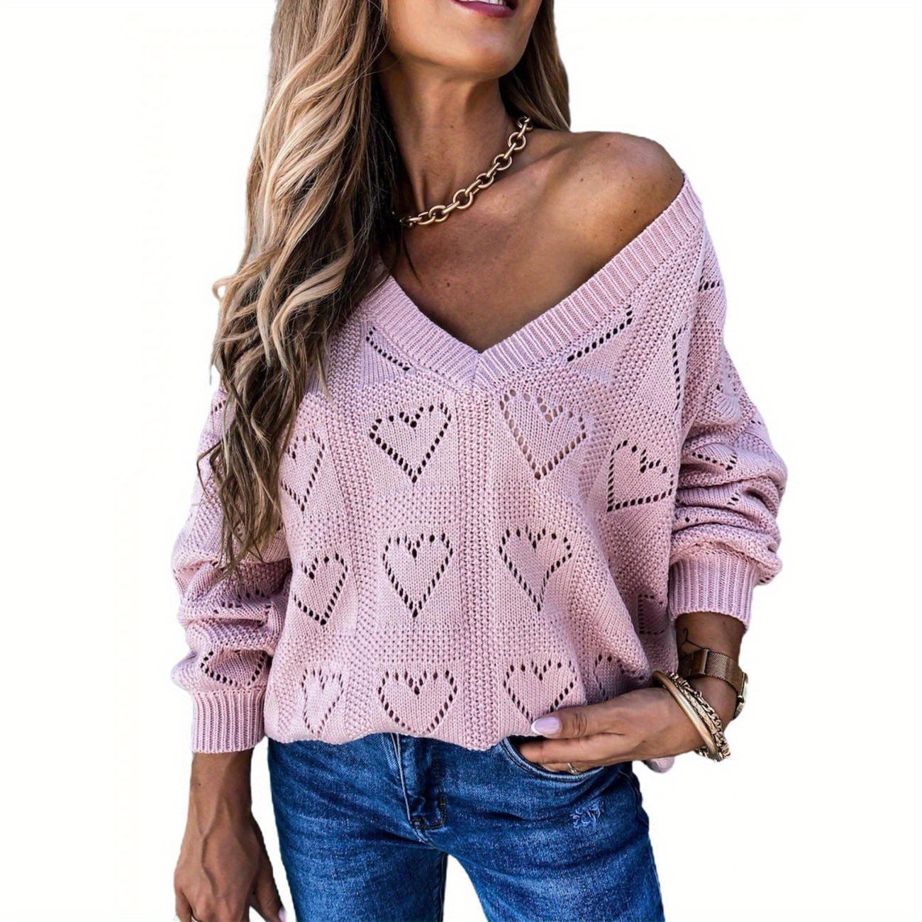 

Women Casual Solid Color Sweater, V Neck Long Sleeve Hollow Out Heart Shape Ribbed Knitted Sweaters Outfits