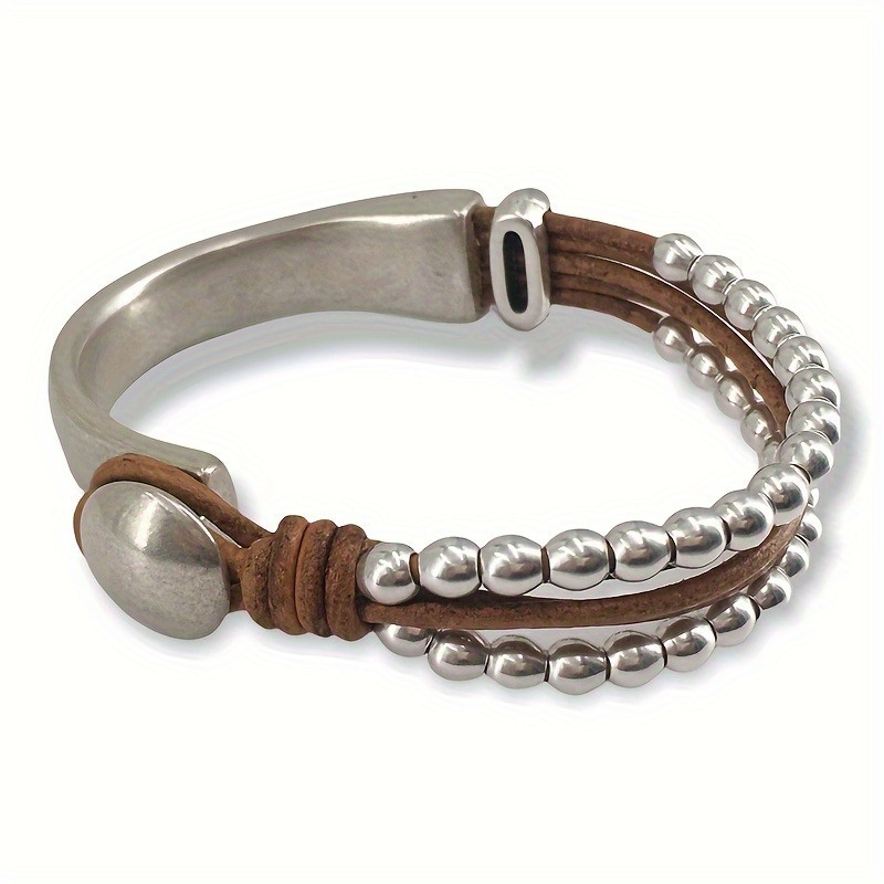 

1 Bohemian Style Double-layer Spliced Alloy Bracelet, Artificial Leather Rope Bracelet, Men's Minimalist Bead Bracelet