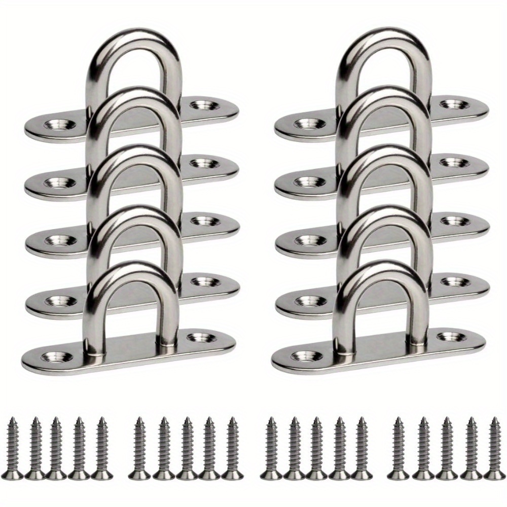 

10-pack Stainless Steel Screw-in Hooks Set, M5 Pad Eye Plate With Ring For Marine Rigging, Heavy Duty Ceiling & Wall Mount Hanging Hardware