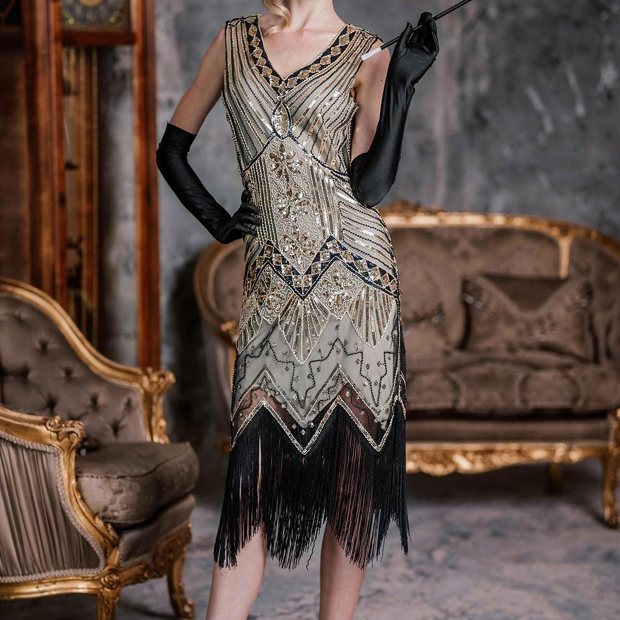 

1920s Sequined V Neck Bodycon Dress, Vintage Fringe Hem Sleeveless Dress For Party & Banquet, Women's Clothing