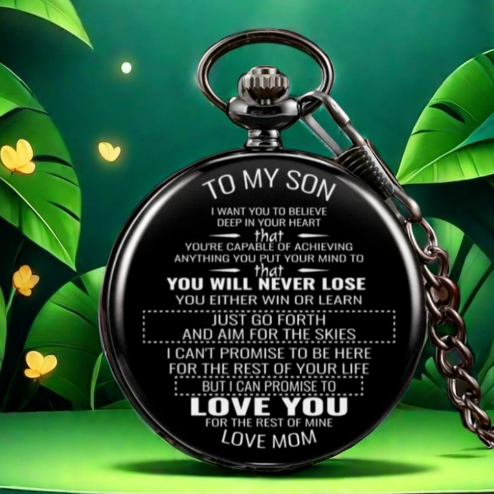 TEMU "to My Son" Black Durable Quartz Pocket Watch - Arabic Dial, Chain Pendant Present For Christmas & Birthday