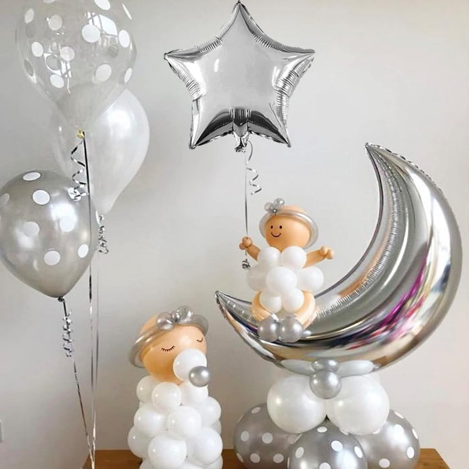 

With 50pcs Silver Star Balloons And 4pcs Large Balloons Kits, 54pcs Star Foil Balloons Mylar Balloons For Baby Shower Christmas Anniversary Engagement Wedding Birthday Party Decoration