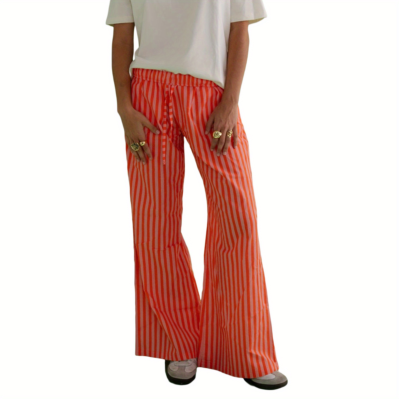 

Stripes Print Wide Leg Pants, Casual Baggy Drawstring Waist With Pockets Pants For Spring & Summer, Women's Clothing