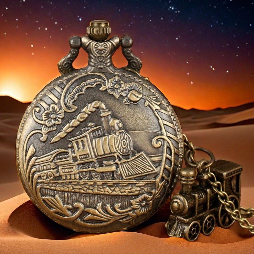 TEMU Vintage Bronze Quartz Pocket Watch: Train Design, Necklace Pendant Chain, Including Train Accessories - Best Christmas Gift