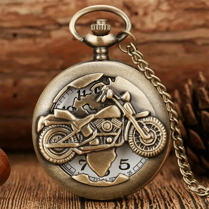 TEMU Bronze Pocket Watch In Of A Motorcycle: Classic Vintage Style, Quartz Movement, Unisex Pendant Necklace - Perfect For Christmas Or Birthday