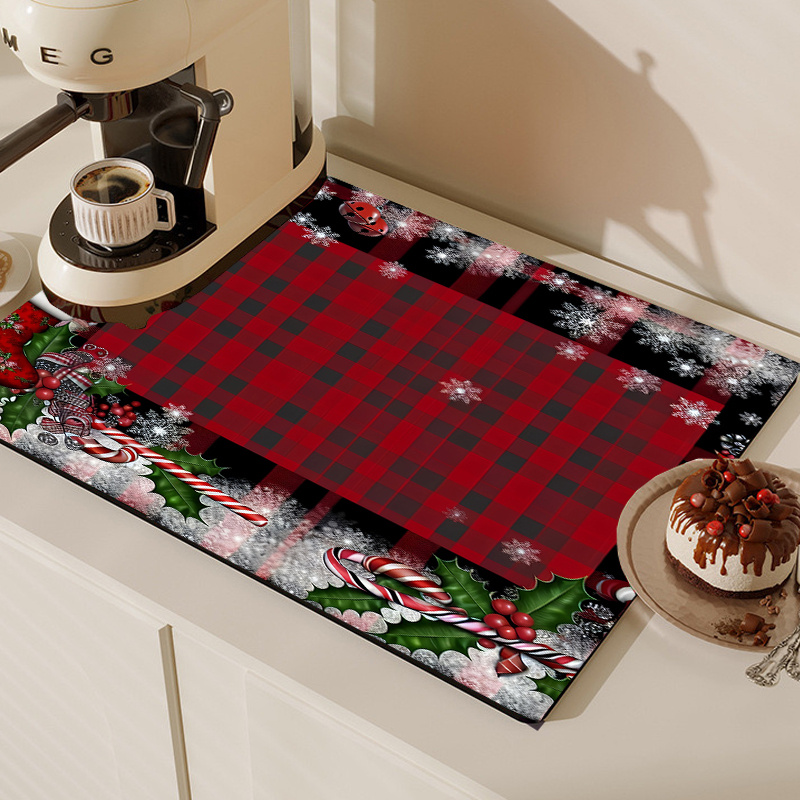 

1pc Christmas Theme Print Dish Drying Mat, Non-slip Absorbent, Polyester Quick Dry Strong Water Absorption, For Kitchen Dinnerware, Coffee Machine, Bar Counter, Table Surface