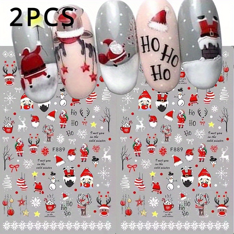 2pcs Santa Claus Nail Stickers - Festive Christmas Holiday Nail Art Decals With Snowflakes, Trees & "" Designs, Cute Cartoon Red Nail Decoration Accessories For Diy Use, Christmas Stickers