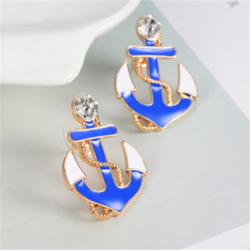 

New Marine Feng Shui Hand Enamel Boat Anchor Earrings Navy Air Rhinestones Oil Earrings