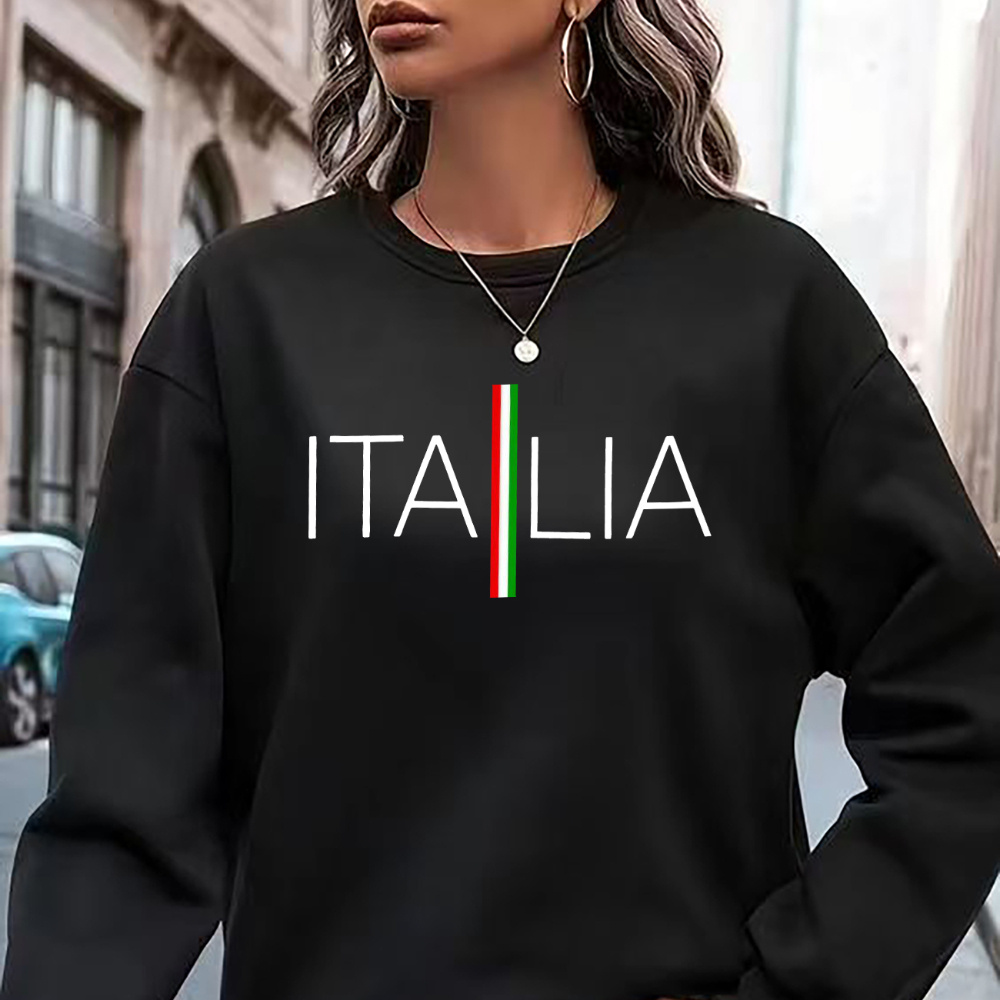 

Women's Polyester Sweatshirt With Italy Monogram Print, Long Sleeve Crew Neck Casual Top, Alphabet Pattern, Knit Fabric, 250gsm, Spring/fall Fashion